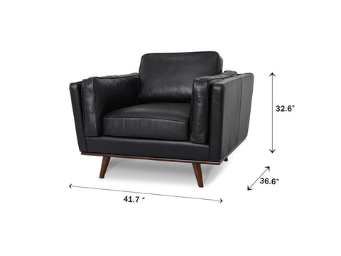 Selina Midcentury Black Leather Accent Chair with contemporary design and dimensions: 41.7x36.6x32.6 inches.