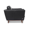 Selina Midcentury Black Leather Accent Chair side view, featuring rich leather upholstery and elegant wooden legs.