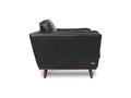 Selina Midcentury Black Leather Accent Chair side view, featuring rich leather upholstery and elegant wooden legs.