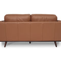 Selina Midcentury Brown Leather Loveseat Sofa back view showcasing its sleek design and rich brown leather.