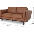Selina Midcentury Brown Leather Loveseat Sofa with measurements 65.7" x 32.6" x 36.6" in modern living room setting.