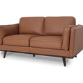 Selina Midcentury Brown Leather Loveseat Sofa with structured aesthetics and soft comfort in modern living room