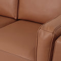 Close-up of Selina Midcentury Brown Leather Loveseat Sofa showcasing soft leather cushions and structured armrest.
