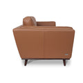 Selina Midcentury Brown Leather Loveseat Sofa side view showcasing the rich brown leather and elegant design.