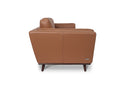 Selina Midcentury Brown Leather Loveseat Sofa side view showcasing the rich brown leather and elegant design.