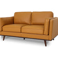 Selina Midcentury Cognac Leather Loveseat Sofa in warm brown color with a modern design and plush cushion seating.