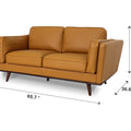 Selina Midcentury Cognac Leather Loveseat Sofa dimensions showing sculptural design and premium materials.