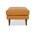 Selina Midcentury Cognac Leather Ottoman featuring a structured design and plush comfort with teak oak legs.
