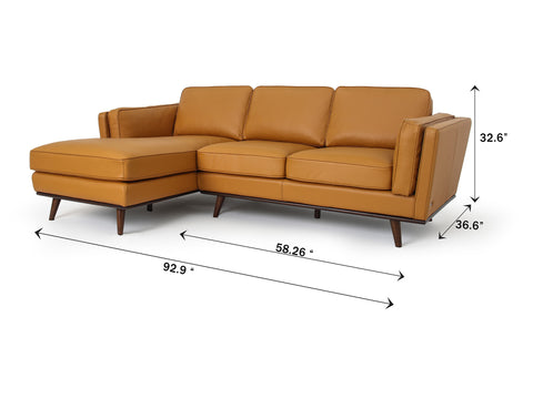 Selina Midcentury Cognac Leather Sectional Sofa with dimensions 92.9" x 58.26" x 32.6" and plush seating.