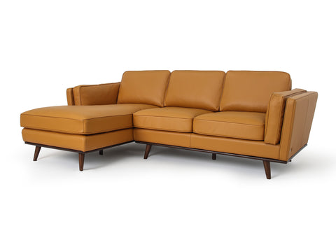 Selina Midcentury Cognac Leather Sectional Sofa with clean lines and plush seating, perfect for modern living spaces.