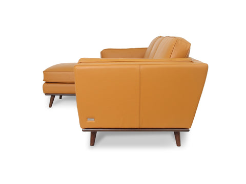 Selina Midcentury Cognac Leather Sectional Sofa side view showcasing clean lines and plush seating.