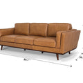 Selina Midcentury Tan Leather 3 Seater Sofa showcasing its dimensions and stylish design in a modern living space.
