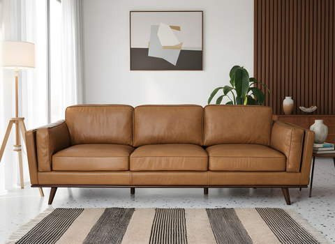 Selina Midcentury Tan Leather 3 Seater Sofa