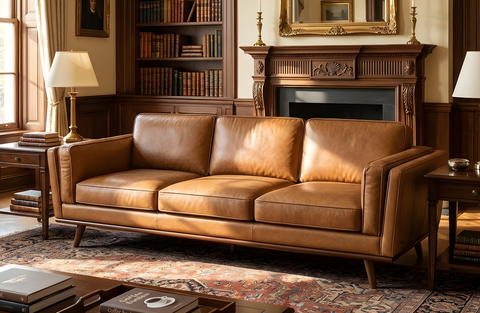 Selina Midcentury Tan Leather 3 Seater Sofa