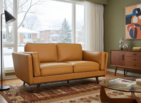 Selina Midcentury Cognac Leather Loveseat Sofa