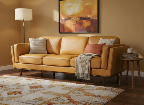 Selina Midcentury Cognac Leather 3 Seater Sofa