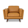 Selina Midcentury Cognac Leather Accent Chair featuring a structured design and warm cognac leather upholstery.