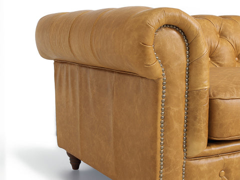 Stanhope Camel Brown Distressed Leather 4 Seater Chesterfield with tufted back and antique nailhead detailing.