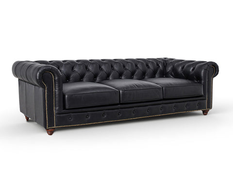 Stanhope Black 3 Seater Chesterfield in rich top-grain aniline leather, modern luxury sofa with British heritage design.