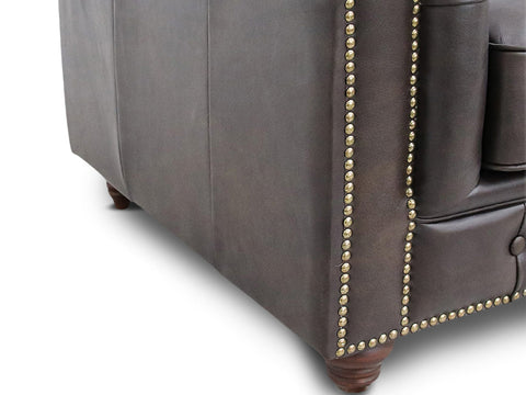 Close-up of the Stanhope Dark Chocolate 3 Seater Chesterfield leather detailing and studs