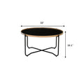 Siena Industrial Modern Coffee table with black round top and bentwood frame, measures 32 inches in width and 16.1 inches in height.