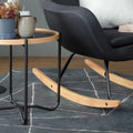 Siena Industrial Modern Side table with bentwood frame and steel legs beside a black chair on a geometric rug.