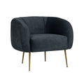 Soffio Glam Mid-Century Modern Velvet Accent Chair with dark velvet upholstery and gold-finished metal legs.
