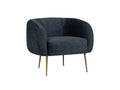 Soffio Glam Mid-Century Modern Velvet Accent Chair with dark velvet upholstery and gold-finished metal legs.