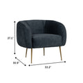 Soffio Glam Mid-Century Modern Velvet Accent Chair with gold-finished metal legs and Arctus fabric, shown with dimensions.