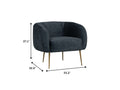 Soffio Glam Mid-Century Modern Velvet Accent Chair with gold-finished metal legs and Arctus fabric, shown with dimensions.