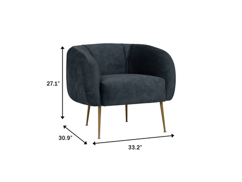 Soffio Glam Mid-Century Modern Velvet Accent Chair with gold-finished metal legs and Arctus fabric, shown with dimensions.