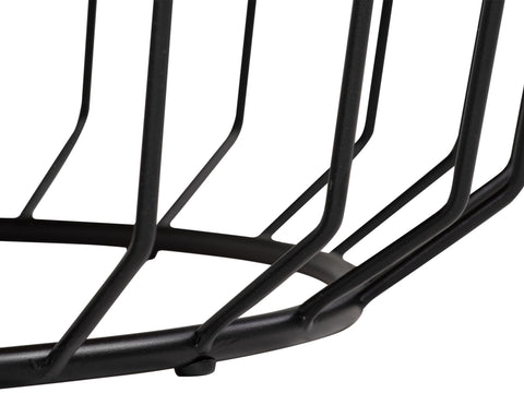 Close-up of the metal caged base of the Sogno Round Wood Top Metal Caged Base Coffee Table.