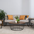 Sogno Round Wood Top Metal Caged Base Coffee Table in modern living room setting with plants and cushions.