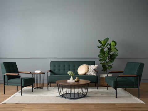Sogno Round Wood Top Metal Caged Base Coffee Table in modern living room setup with green sofas and decor.
