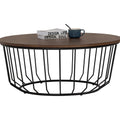 Sogno Round Wood Top Metal Caged Base Coffee Table with books and cup on top