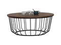 Sogno Round Wood Top Metal Caged Base Coffee Table with books and cup on top