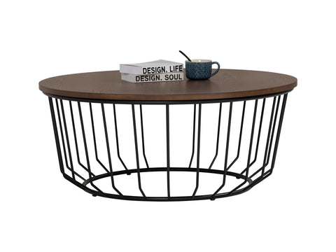 Sogno Round Wood Top Metal Caged Base Coffee Table with books and cup on top