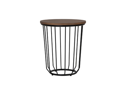 Sogno Round Wood Top Metal Caged Base Side Table with ash veneer tabletop and open caged metal base.