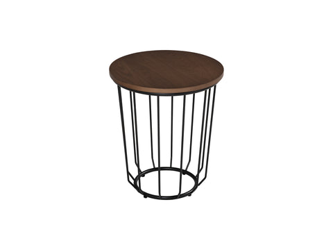Sogno Round Wood Top Metal Caged Base Side Table with ash veneer and open metal design.