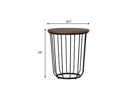 Sogno Round Wood Top Metal Caged Base Side Table with ash veneer 17.7" diameter wood top and 20" height