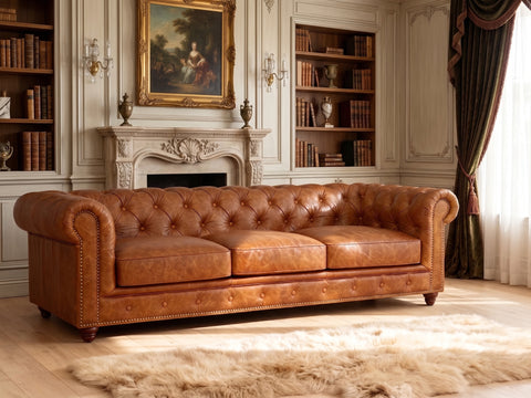 Stanhope Cognac Distressed Leather 3 Seater Chesterfield