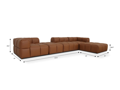 Tuscono Leather Brown 4 Seater Sectional Modular Sofa dimensions and design showcasing its modern form.