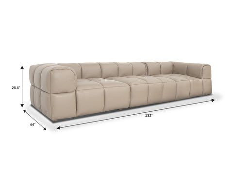 Tuscono Leather Beige 3 Seater Modular Sofa with dimensions 132" x 44" x 25.5".