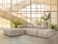 Tuscono Beige Leather Low Profile Modular Sofa in a modern setting with lush greenery and natural light.
