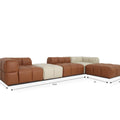 Tuscono Modular Leather Sofa showing brown and beige full configuration dimensions.