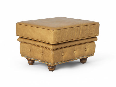 Stanhope Camel Brown Distressed Leather Chesterfield Ottoman on white background